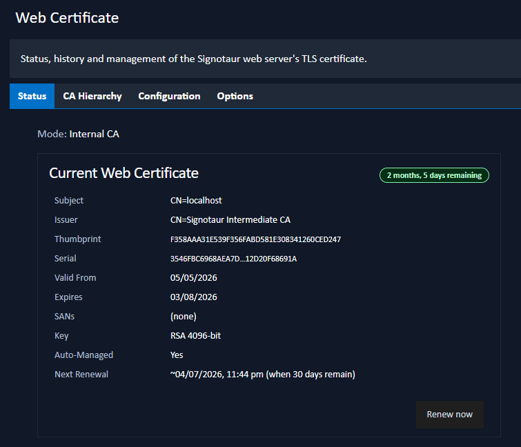 Web Certificate: Status tab