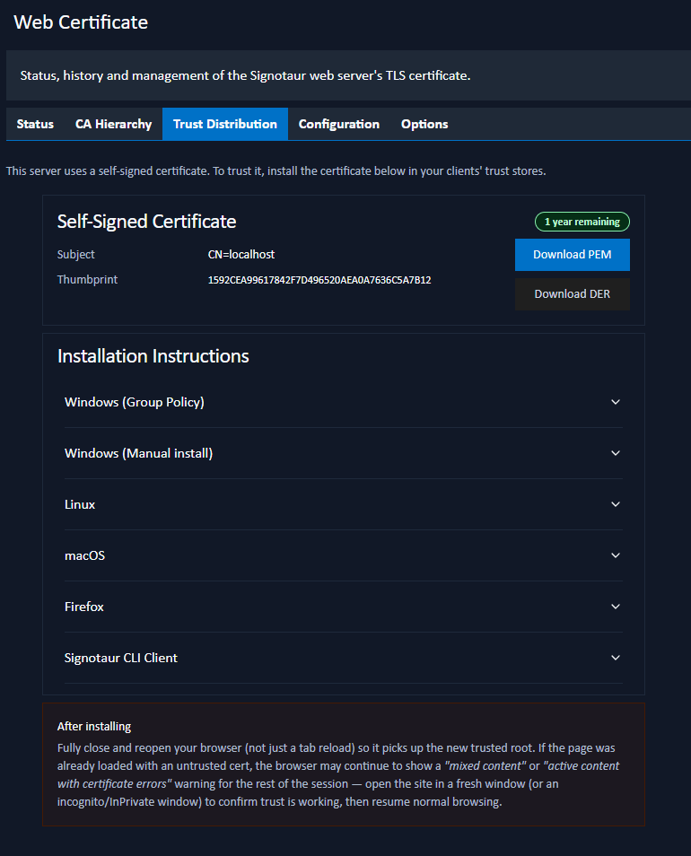 Web Certificate: Trust Distribution tab