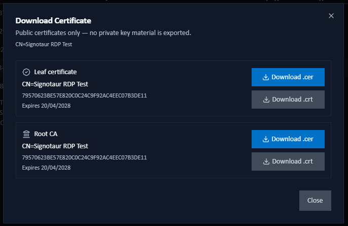 Download Certificate dialog