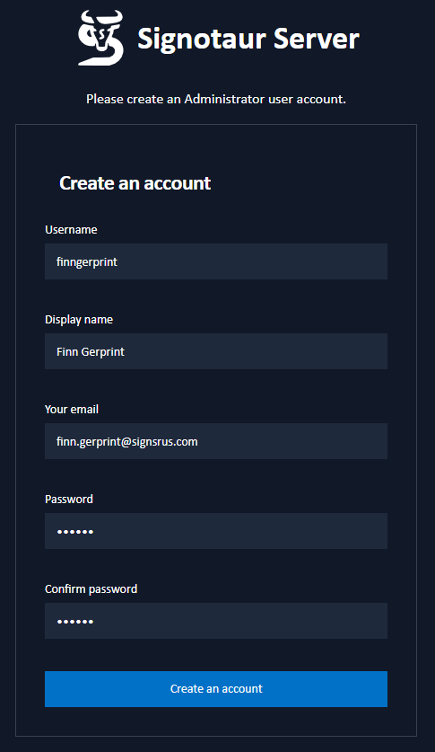 create admin account page