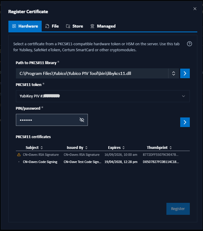 Add Certificate: Hardware tab
