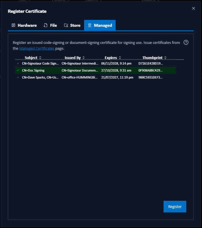 Add Certificate: Managed tab