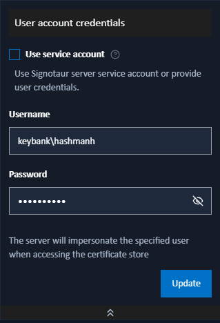 Add Store Certificate dialog - user selection