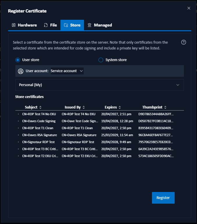 Add Store Certificate dialog