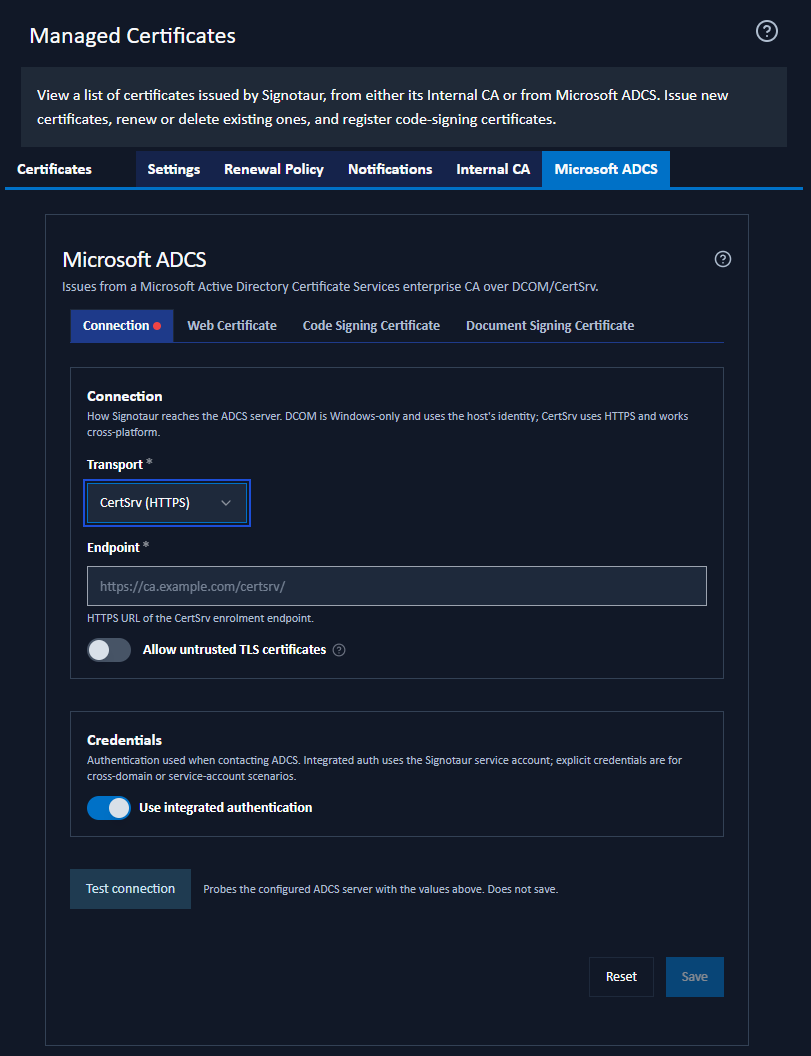Managed Certificates: ADCS tab