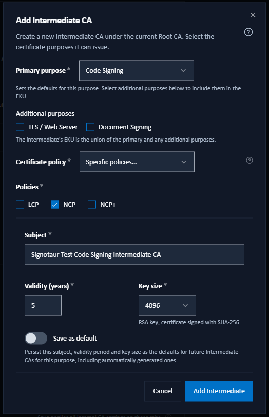 The Add Intermediate CA dialog with primary and additional purposes, certificate-policy selection and settings