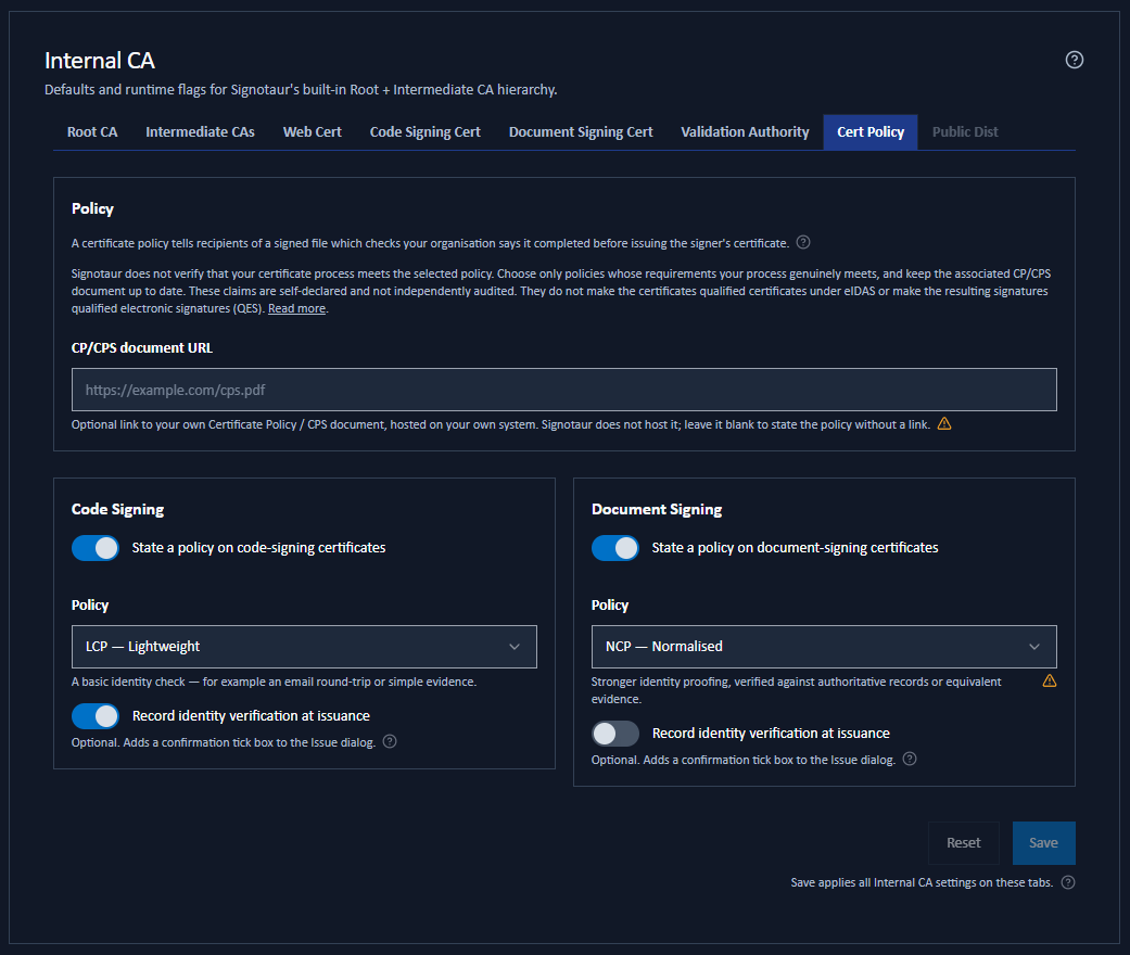 The Certificate Policy sub-tab with the CP/CPS URL field and the per-type policy and identity-attestation controls