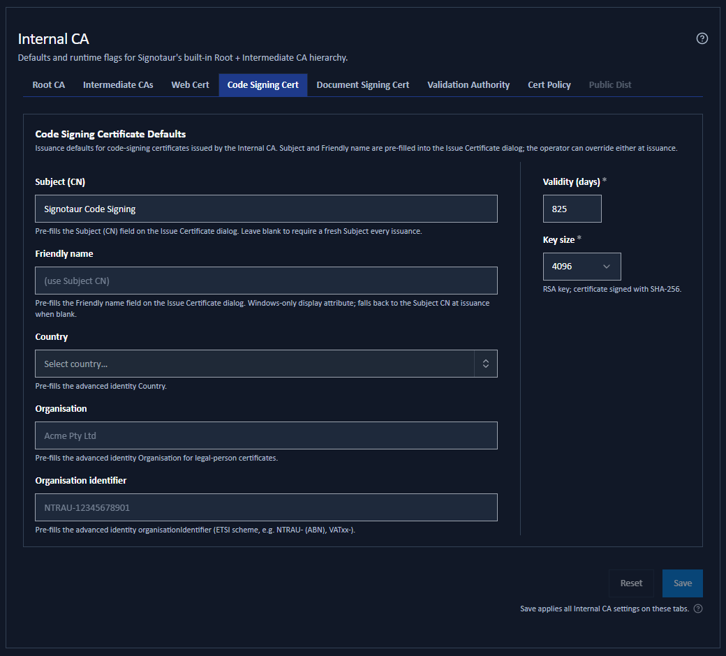 The Code Signing Certificate sub-tab showing the subject, identity, validity and key size defaults