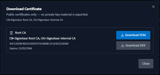 Download Certificate dialog from a root row