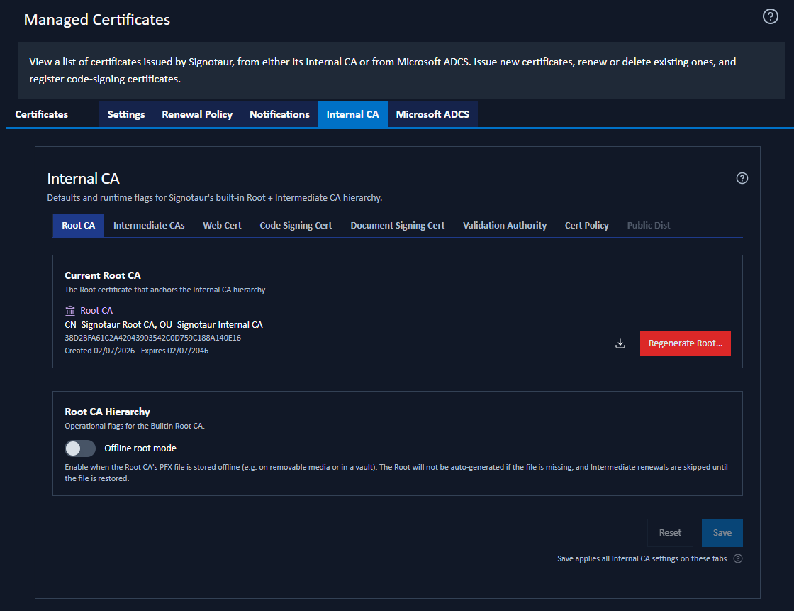 Managed Certificates: Internal CA tab