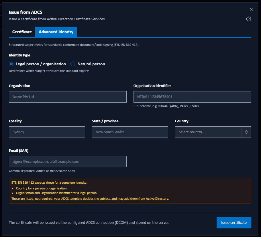 The Issue from ADCS dialog, Advanced identity tab, showing the subject-identity fields with no required markers and the advisory note listing what a complete identity would carry