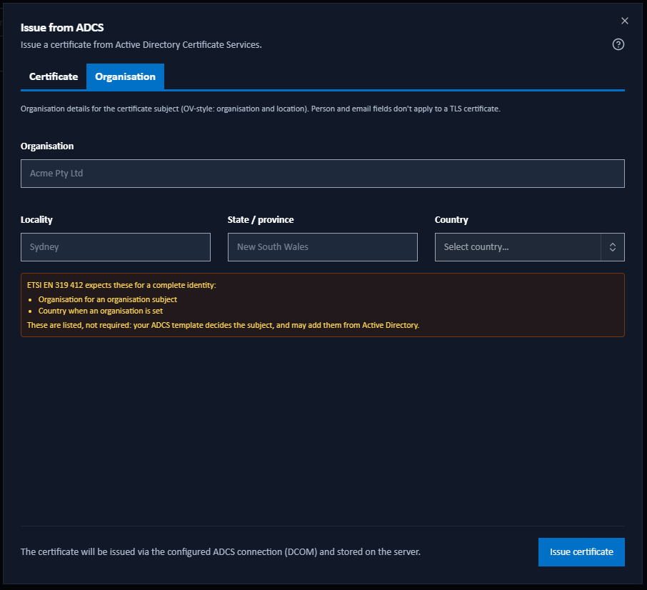 The Issue from ADCS dialog, Organisation tab, showing the organisation and location fields a web-server certificate can carry alongside its hostname
