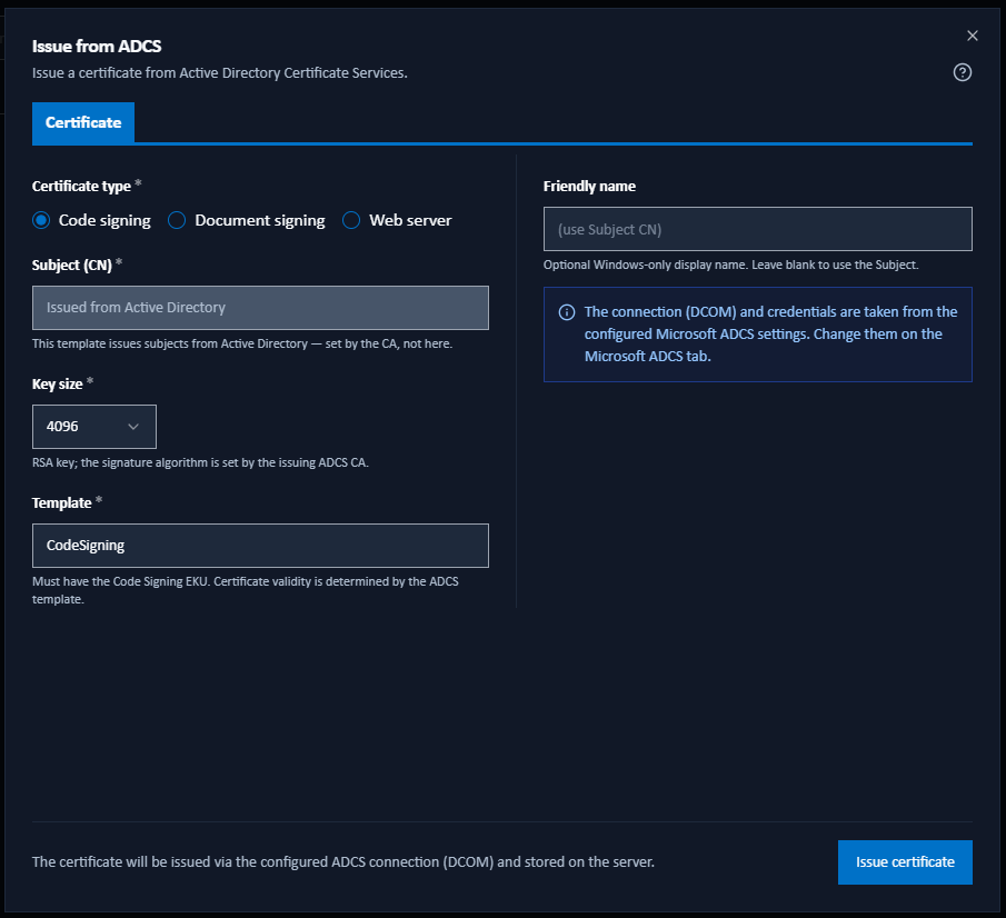 Issue from ADCS dialog