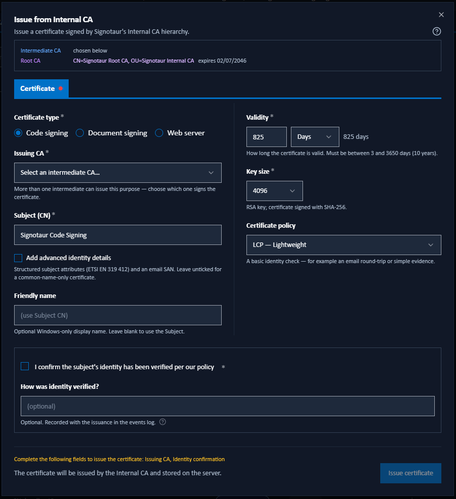Issue from Internal CA dialog
