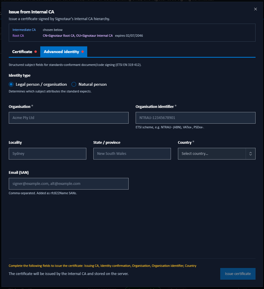The Issue from Internal CA dialog, Advanced identity tab, showing the subject-identity fields