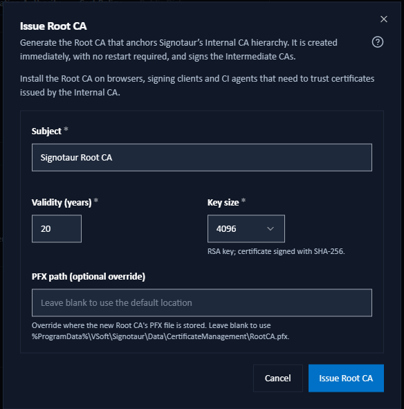 The Issue Root CA dialog, with the subject, validity and key size fields and no type-to-confirm box