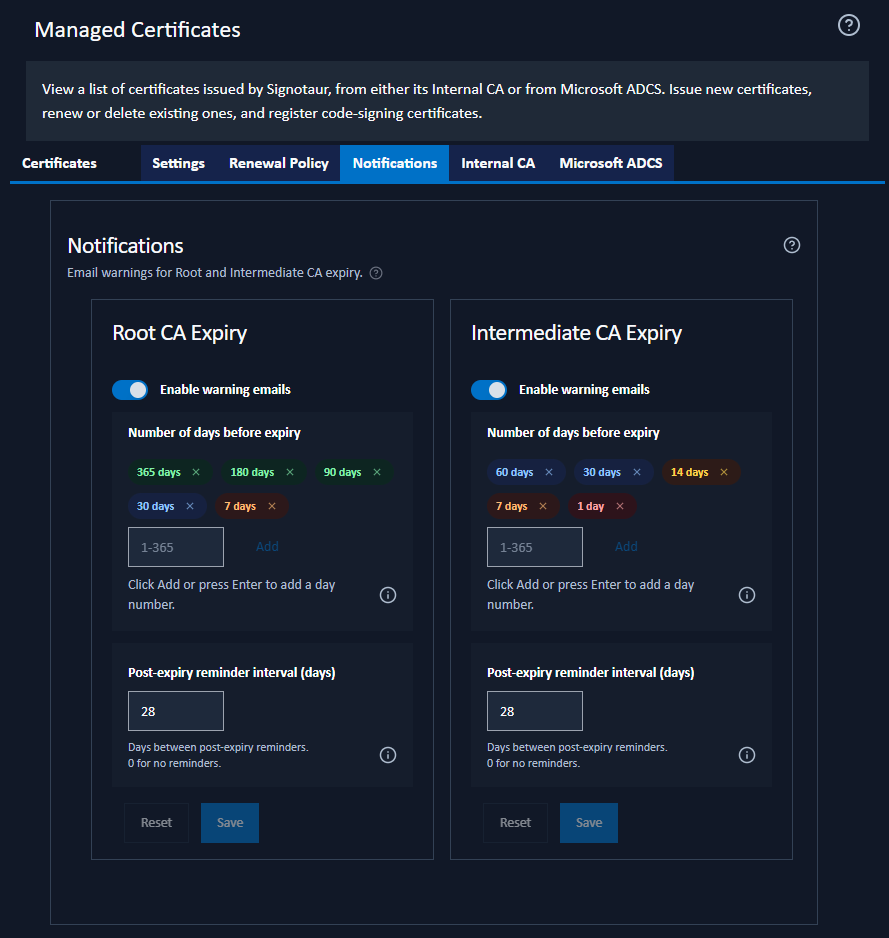 Managed Certificates: Notifications tab