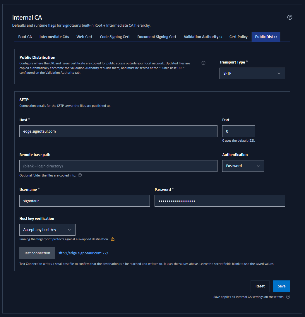 The Public Distribution sub-tab configured for SFTP, with host, credentials, host-key verification and a Test connection button