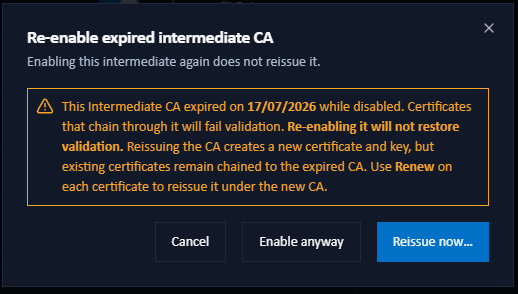 The warning shown when re-enabling a stale Intermediate CA, offering Enable anyway or Reissue now
