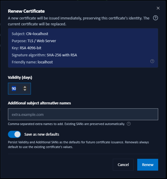 Renew Certificate dialog