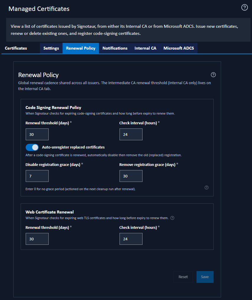 Managed Certificates: Renewal Policy tab