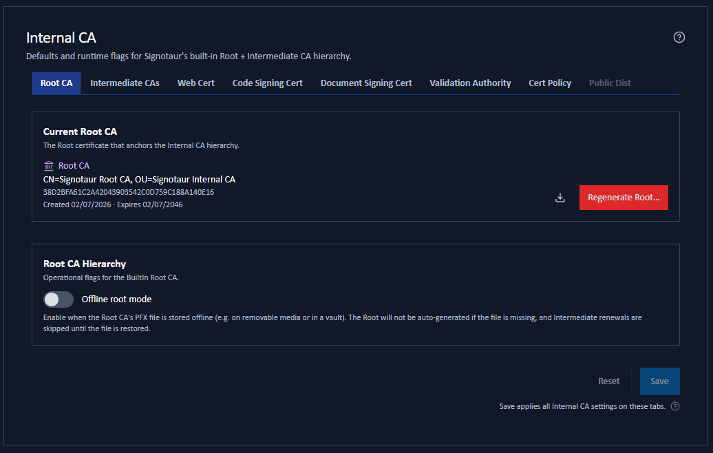 The Root CA sub-tab showing the current Root certificate and its available action