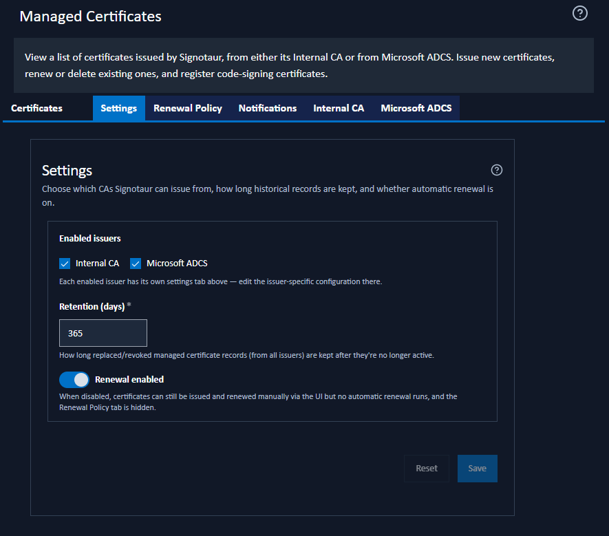Managed Certificates: Settings tab