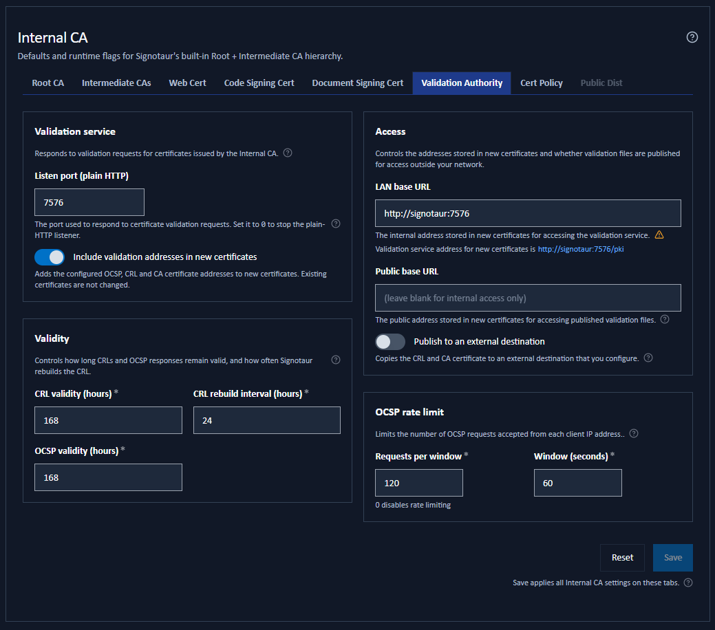The Validation Authority sub-tab showing the plain-HTTP listen port and the switch that adds validation addresses to new certificates, the LAN and public base URLs, the CRL and OCSP validity settings, and the OCSP rate limit