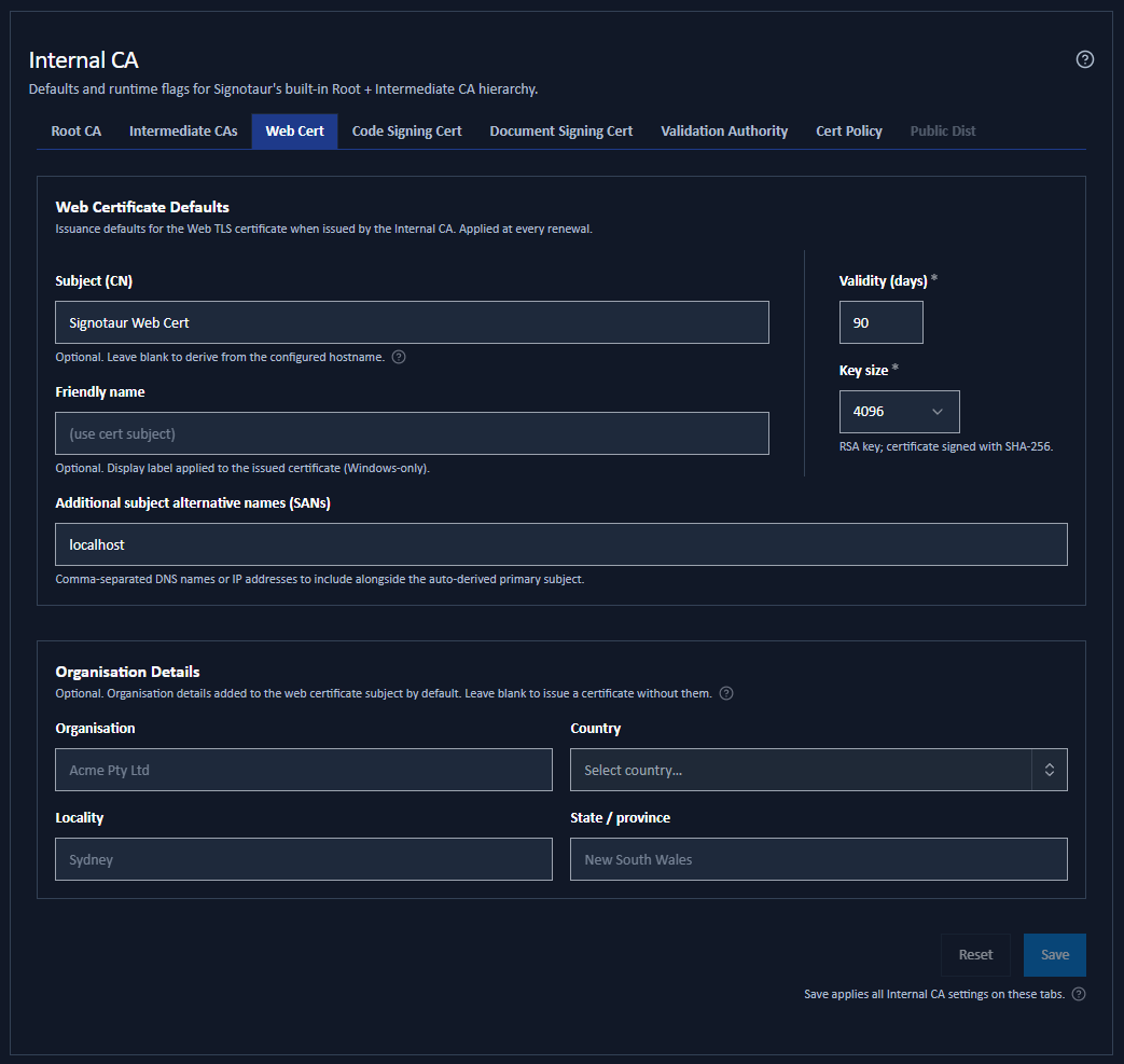 The Web Certificate sub-tab showing the subject, organisation, validity, key size and SAN defaults