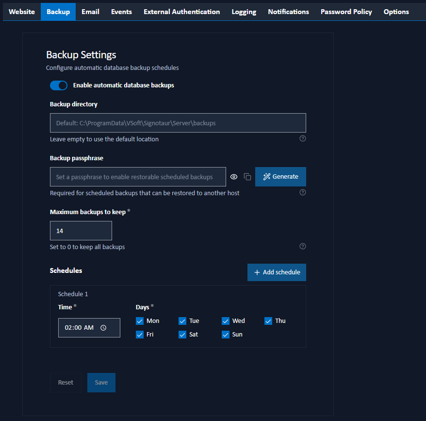 backup settings tab