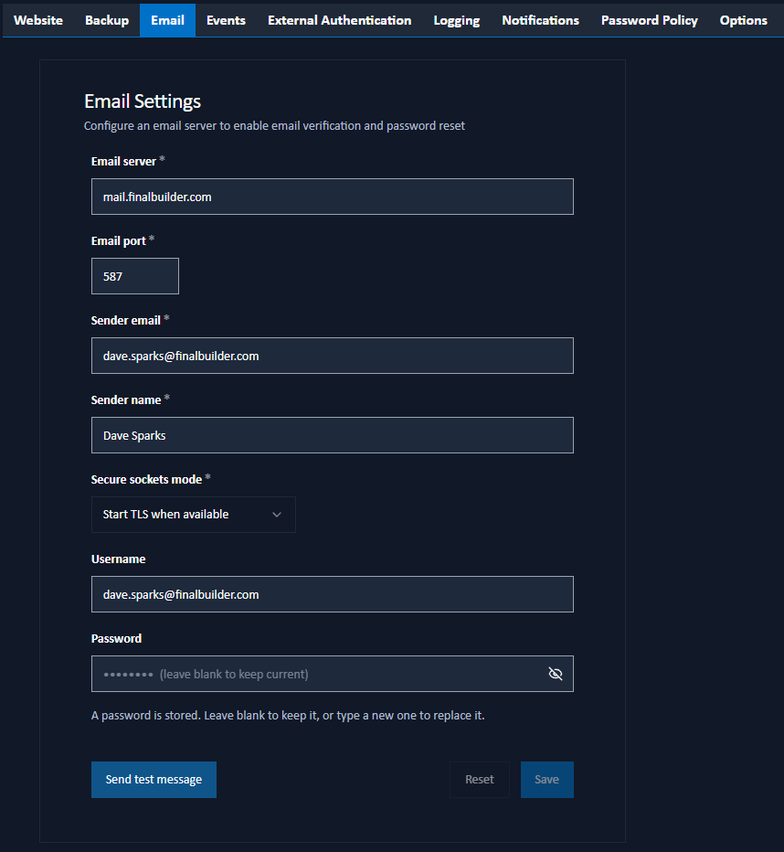 email settings tab