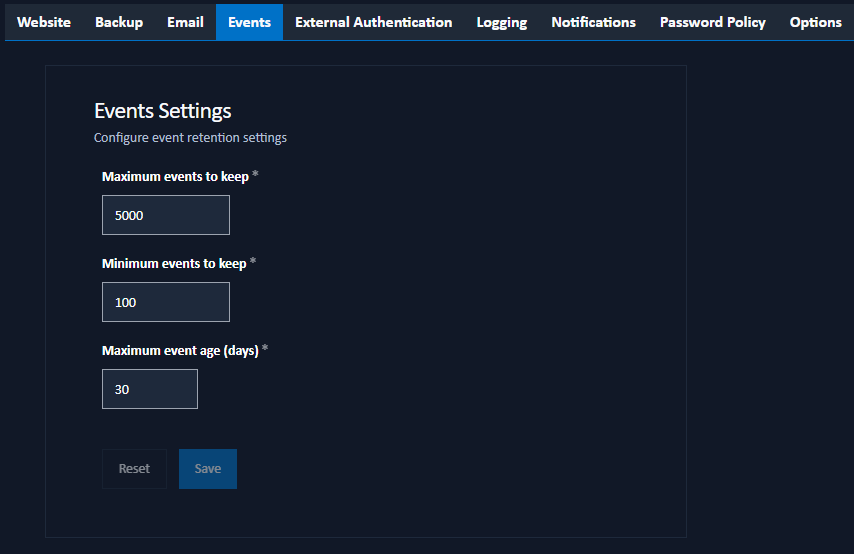 events settings tab
