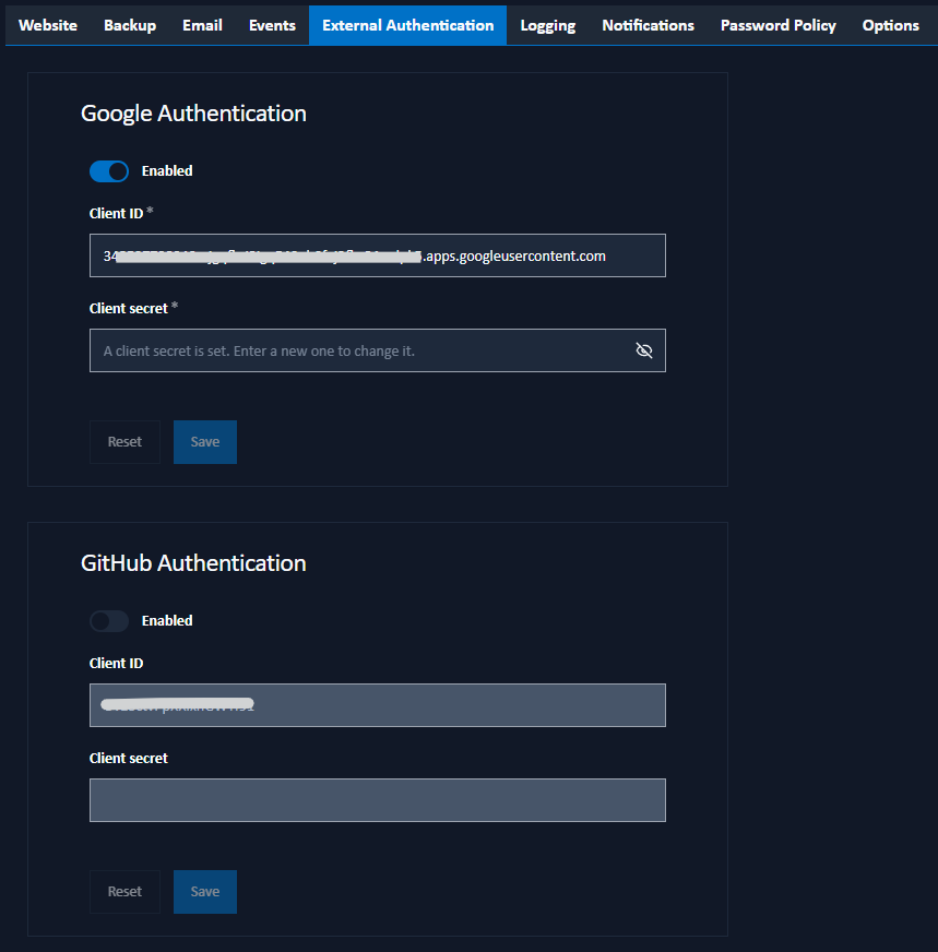 external authentication settings tab
