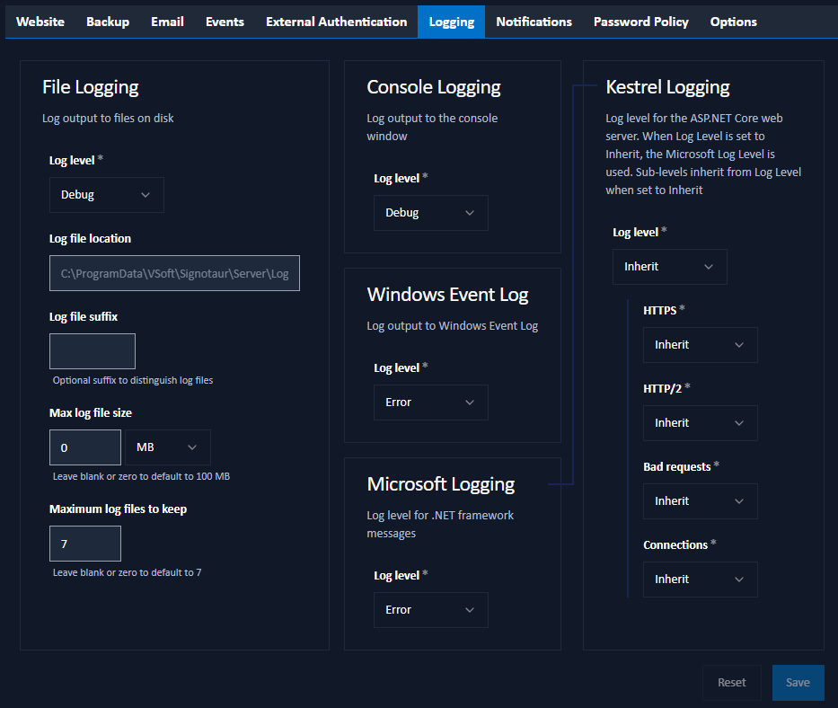 logging settings tab