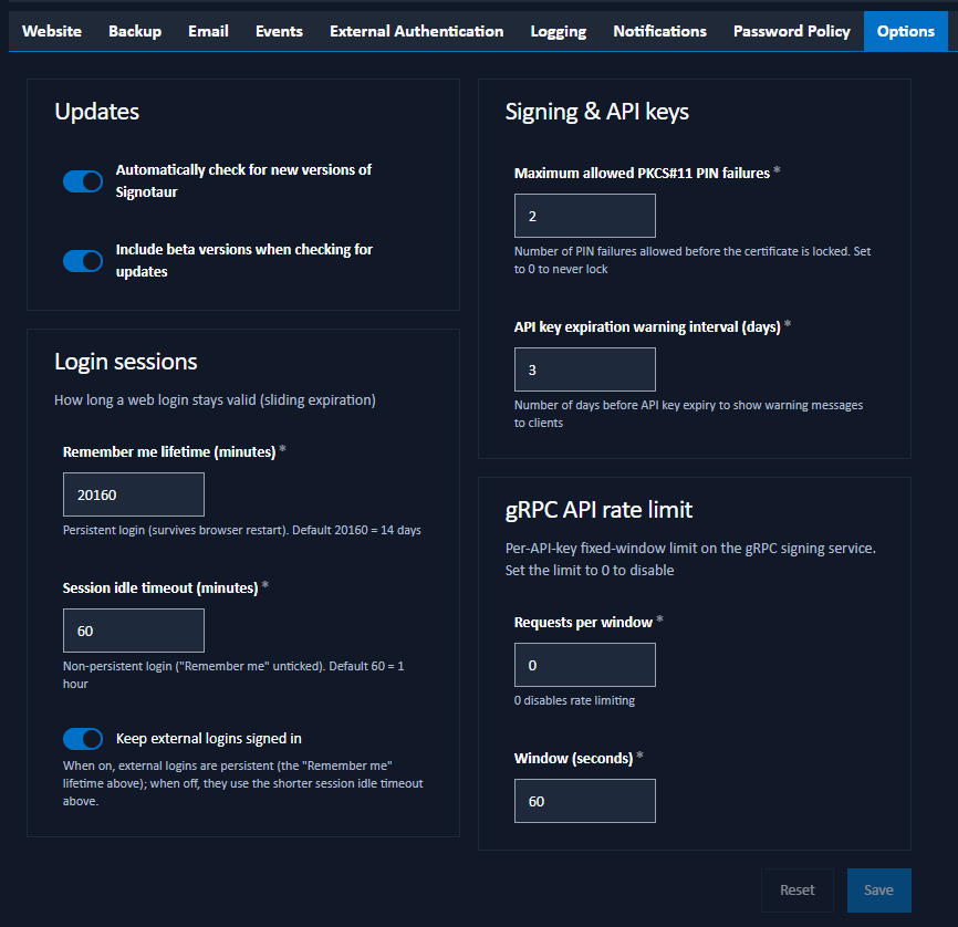 options settings tab