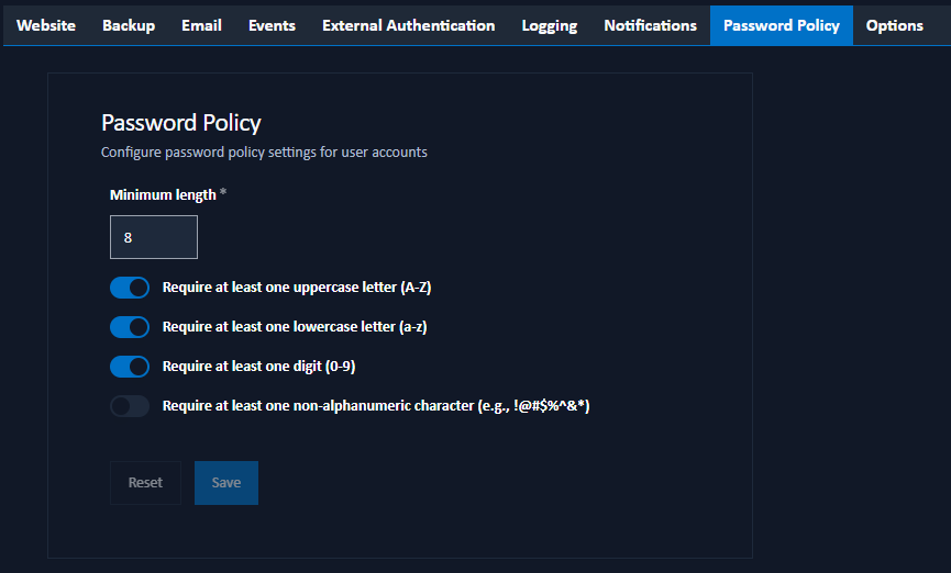 password policy settings tab