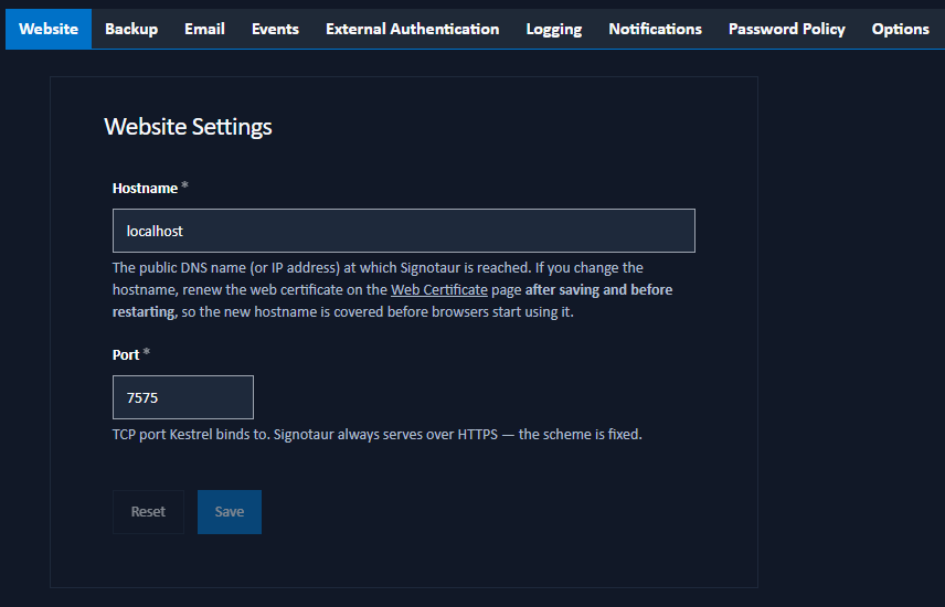 website settings tab