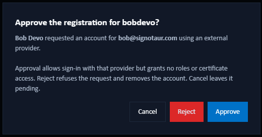 Approve registration dialog