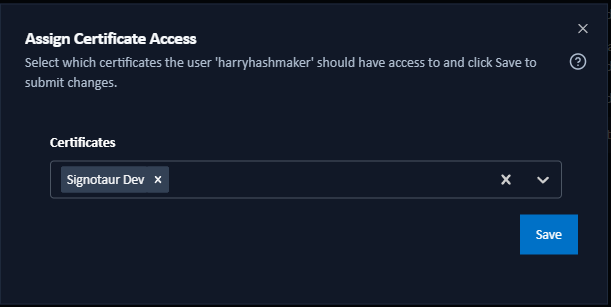 Assign certificates to user dialog