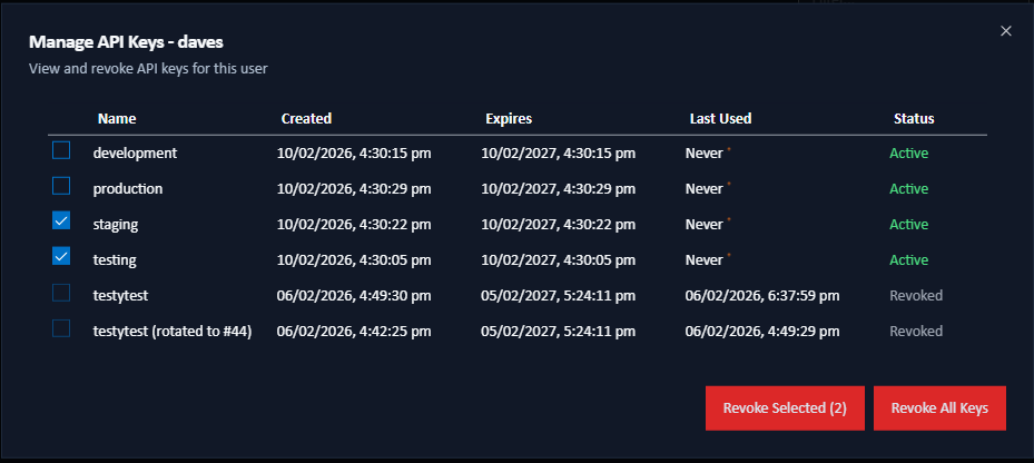 Manage API Keys dialog