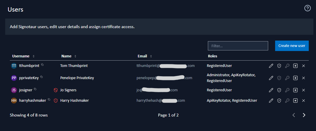 Users admin page