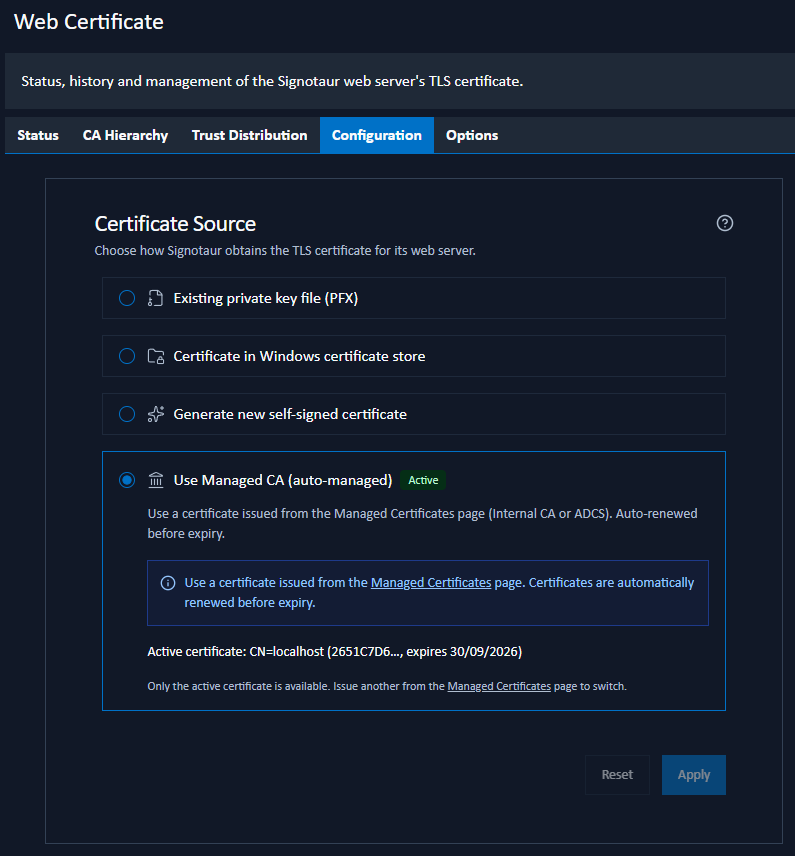 Web Certificate: Configuration tab