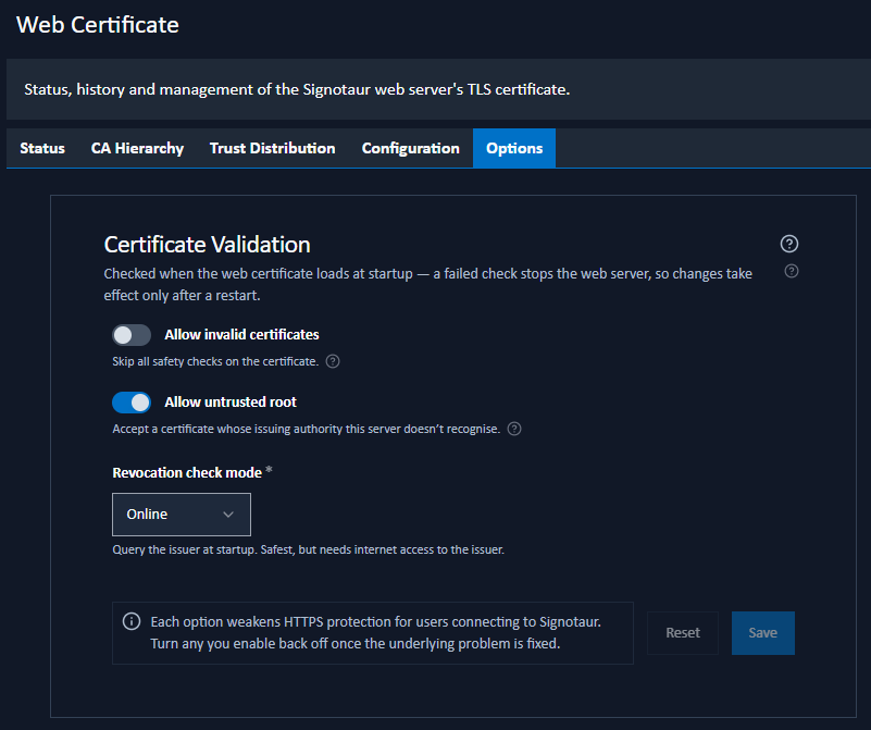 Web Certificate: Options tab
