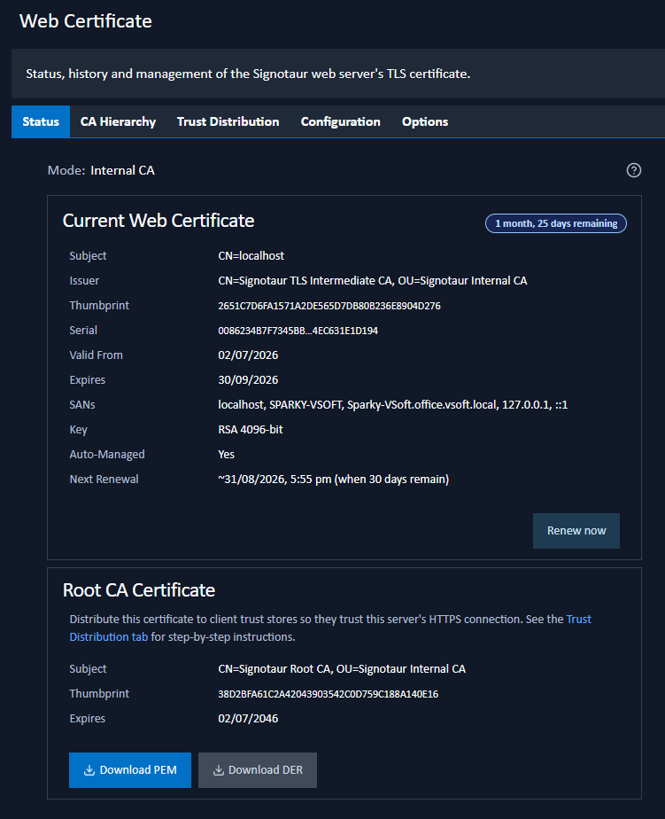 Web Certificate: Status tab