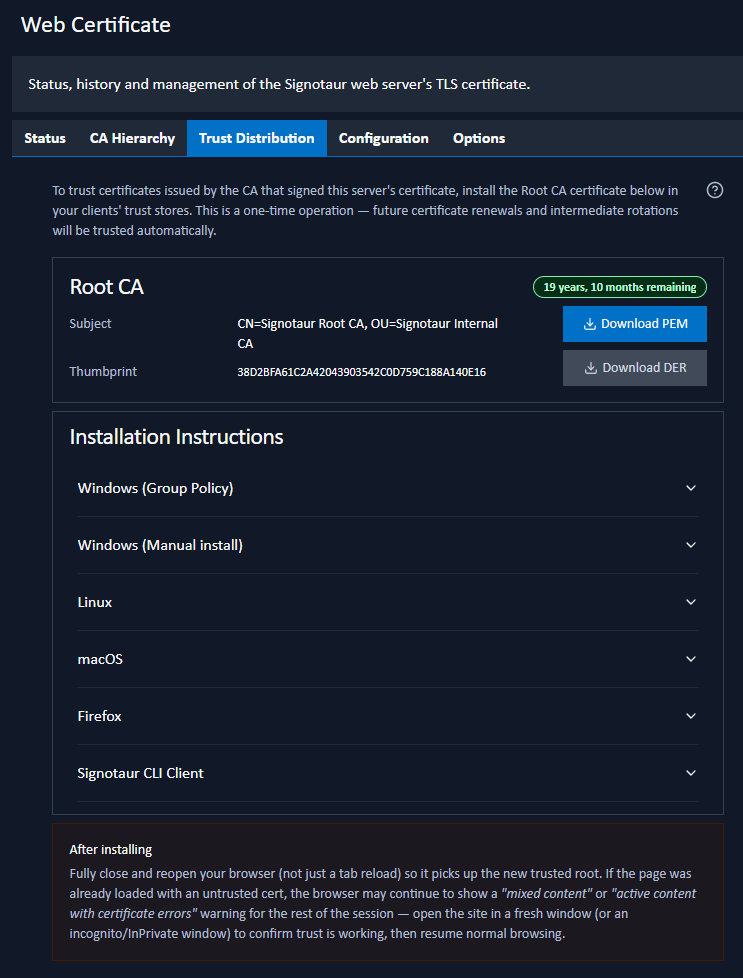 Web Certificate: Trust Distribution tab