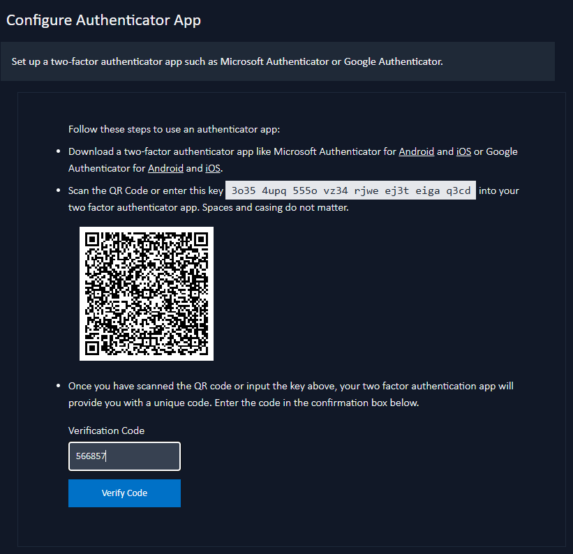 configure authentication app page