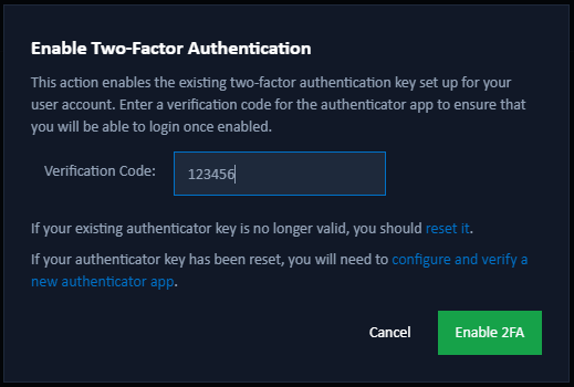 enable 2FA dialog