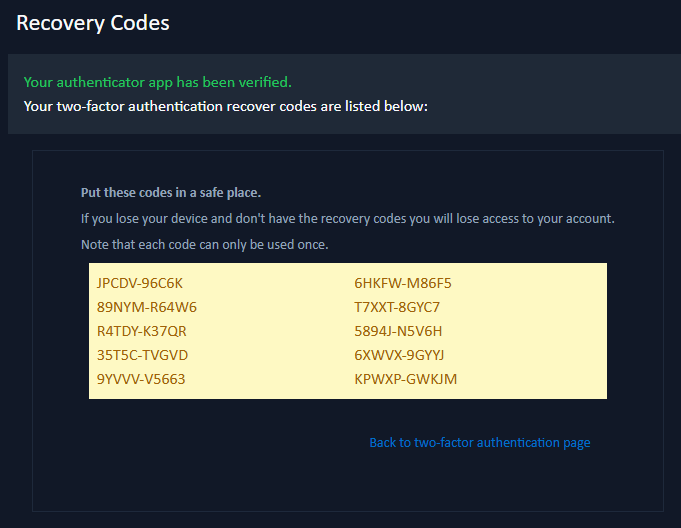 recovery codes page