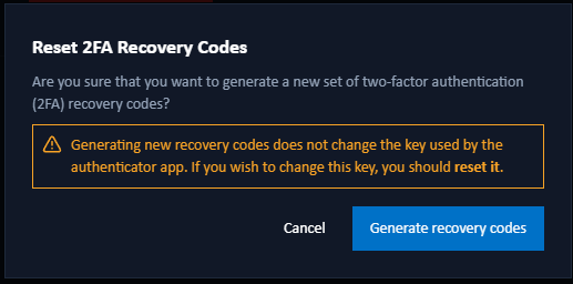 rest recovery codes dialog