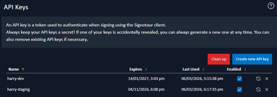 API Keys page